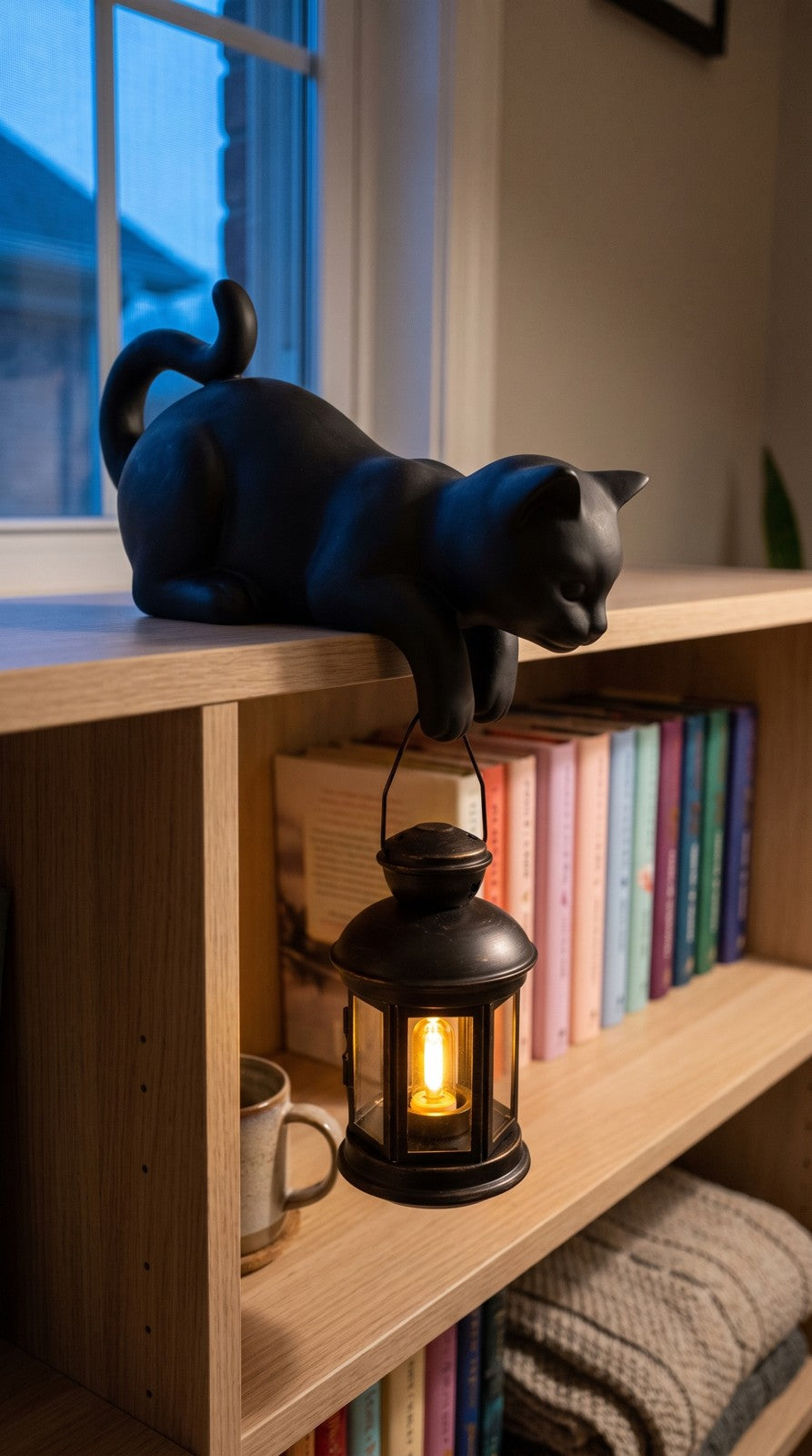 Lantern Cat in midnight black on a pale shelf by a window, antique-black lantern glowing warm