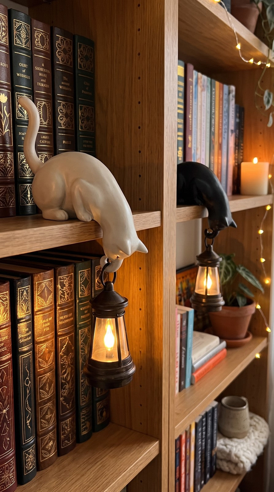 Cream white and midnight black Lantern Cats on two shelves of the same bookcase, both lanterns lit