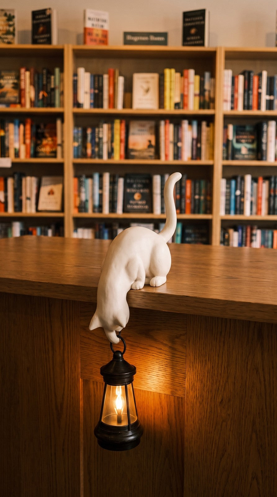 Lantern Cat in cream white hooked over a bookstore counter edge, antique-black lantern glowing warm below it