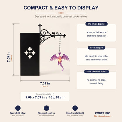 Library Lantern size guide: overall 7.09 x 7.09 in (18 x 18 cm), Floating Dragon design