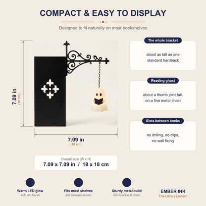 Library Lantern size guide: overall 7.09 x 7.09 in (18 x 18 cm), Ghost Reading design