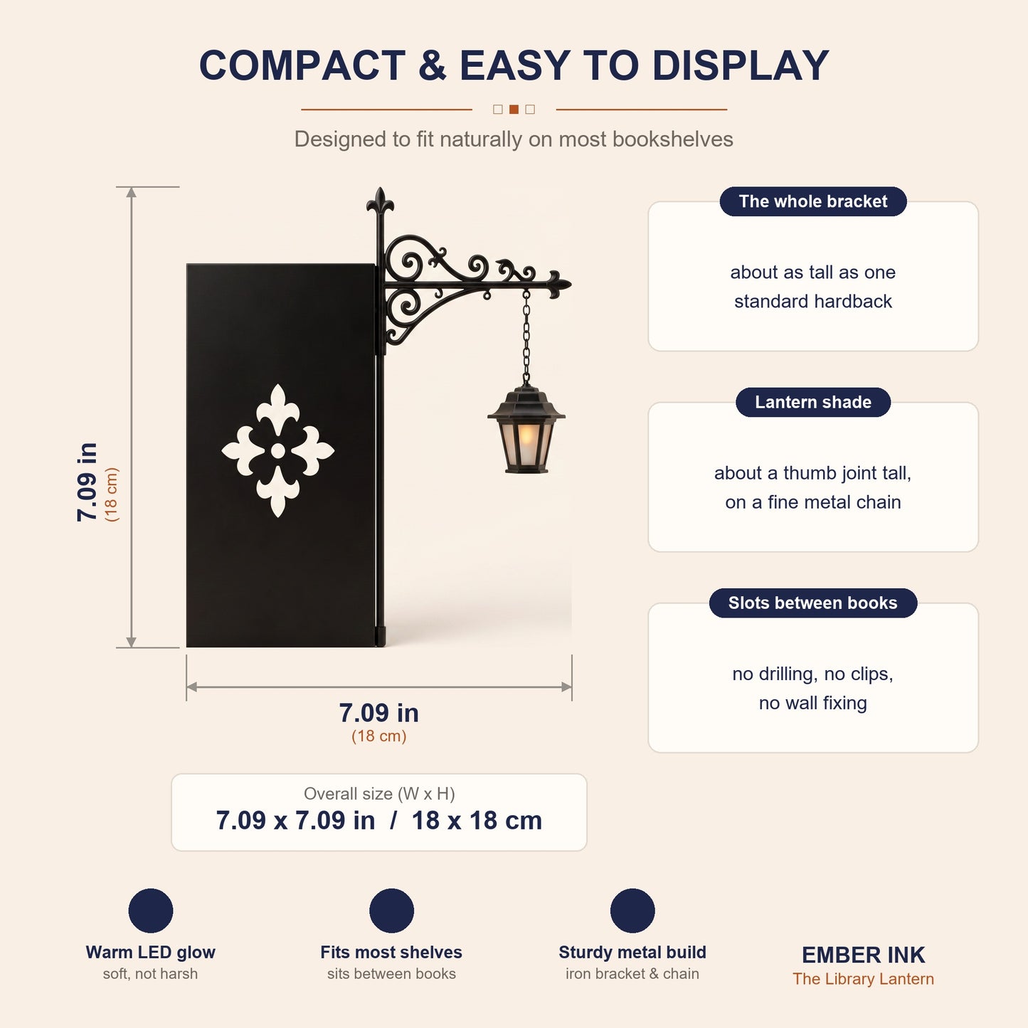 Library Lantern size guide: overall 7.09 x 7.09 in (18 x 18 cm), Vintage Lantern design