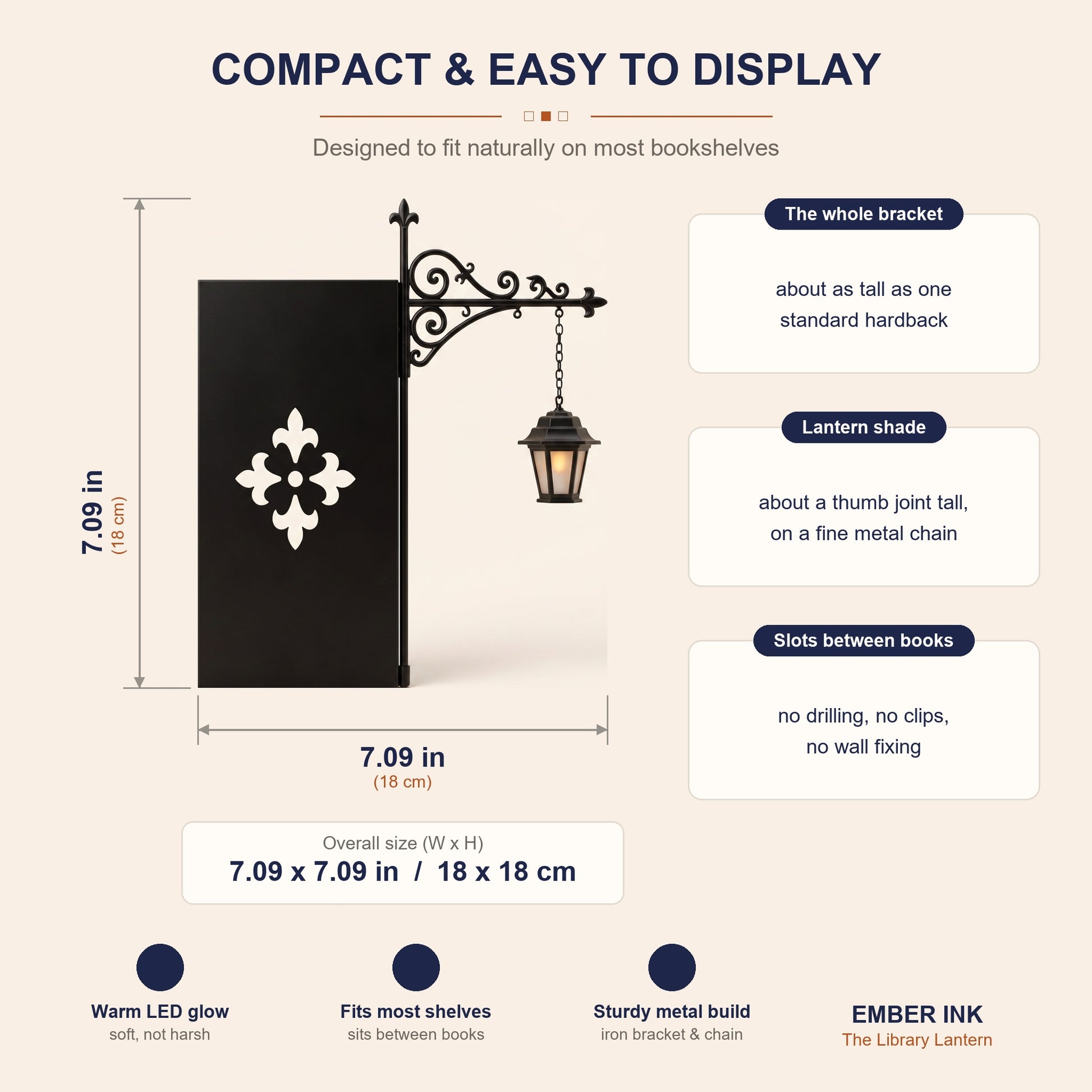 Library Lantern size guide: overall 7.09 x 7.09 in (18 x 18 cm), Vintage Lantern design